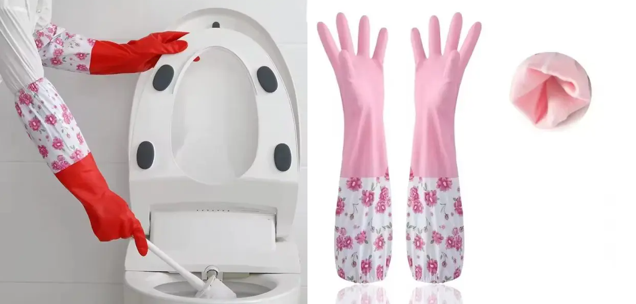 1Pair Lengthen Dishwashing Cleaning Glove Durable Waterproof Cleaning Rubber Long Sleeves for Dish Washing Velvet Lining Household Glove